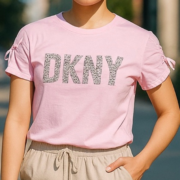 DKNY Pink with Silver Metal Stud Tee, Gathered Sleeve, Girls 12 - Picture 3 of 5